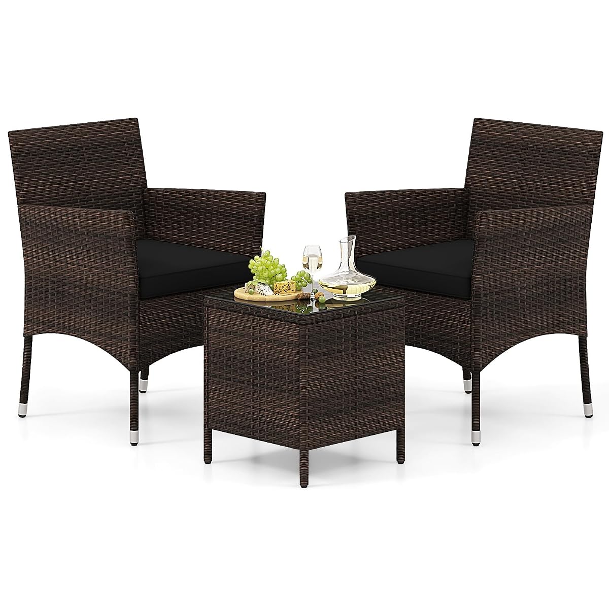 3 Pieces Patio Rattan Furniture Set, Outdoor Conversation Set with PE Wicker Armchairs, Tempered Glass Top Coffee Table, Soft Removable Cushions, for Porch Garden Yard Balcony (Black)