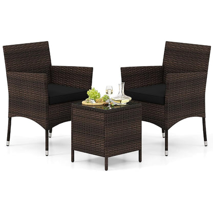 3 Pieces Patio Rattan Furniture Set, Outdoor Conversation Set with PE Wicker Armchairs, Tempered Glass Top Coffee Table, Soft Removable Cushions, for Porch Garden Yard Balcony (Black)