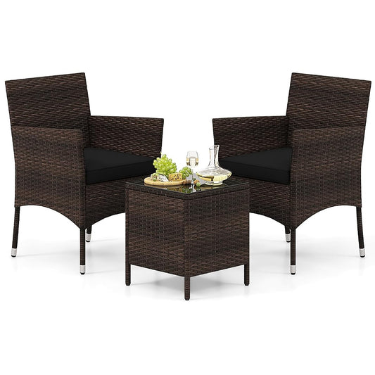 3 Pieces Patio Rattan Furniture Set, Outdoor Conversation Set with PE Wicker Armchairs, Tempered Glass Top Coffee Table, Soft Removable Cushions, for Porch Garden Yard Balcony (Black)