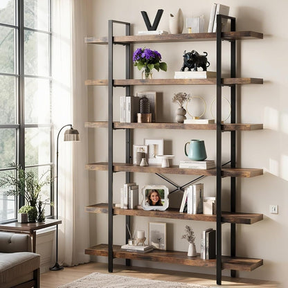 6 Tier Book Shelf, 47'' Wide Wood Industrial Bookshelf, 120lbs Shelf Capacity, Open Storage Shelves, 80'' Tall Heavy Duty Display Shelving, Rustic Brown Bookcase for Bedroom,Living Room,Office