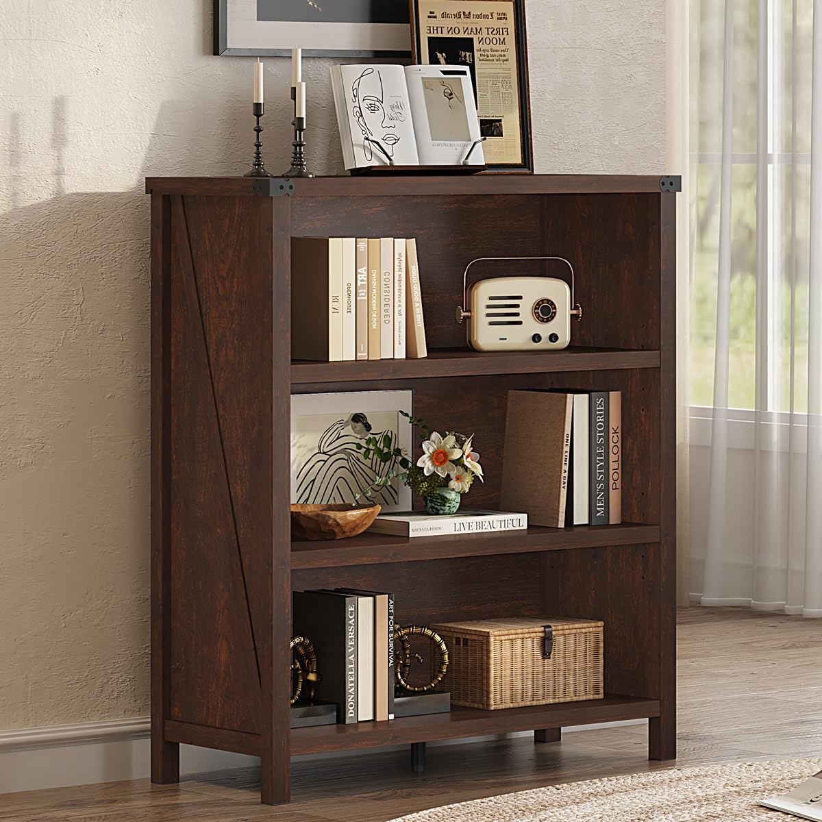Small 3 Tier Bookshelf, Short Wood Bookcase, Brown Cherry, 36"