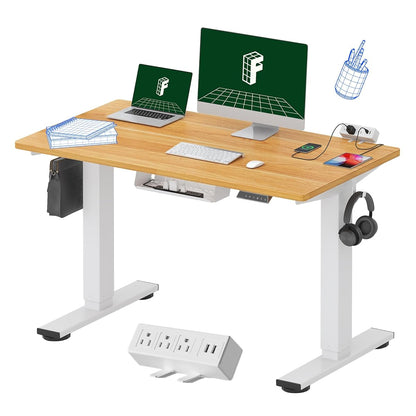 FLEXISPOT EN2 Whole-Piece Standing Desk with Clamp Power Strip, 48 x 24 Electric Height Adjustable Desk with Cable Management for Workstation (White Frame + 48" Maple Top)
