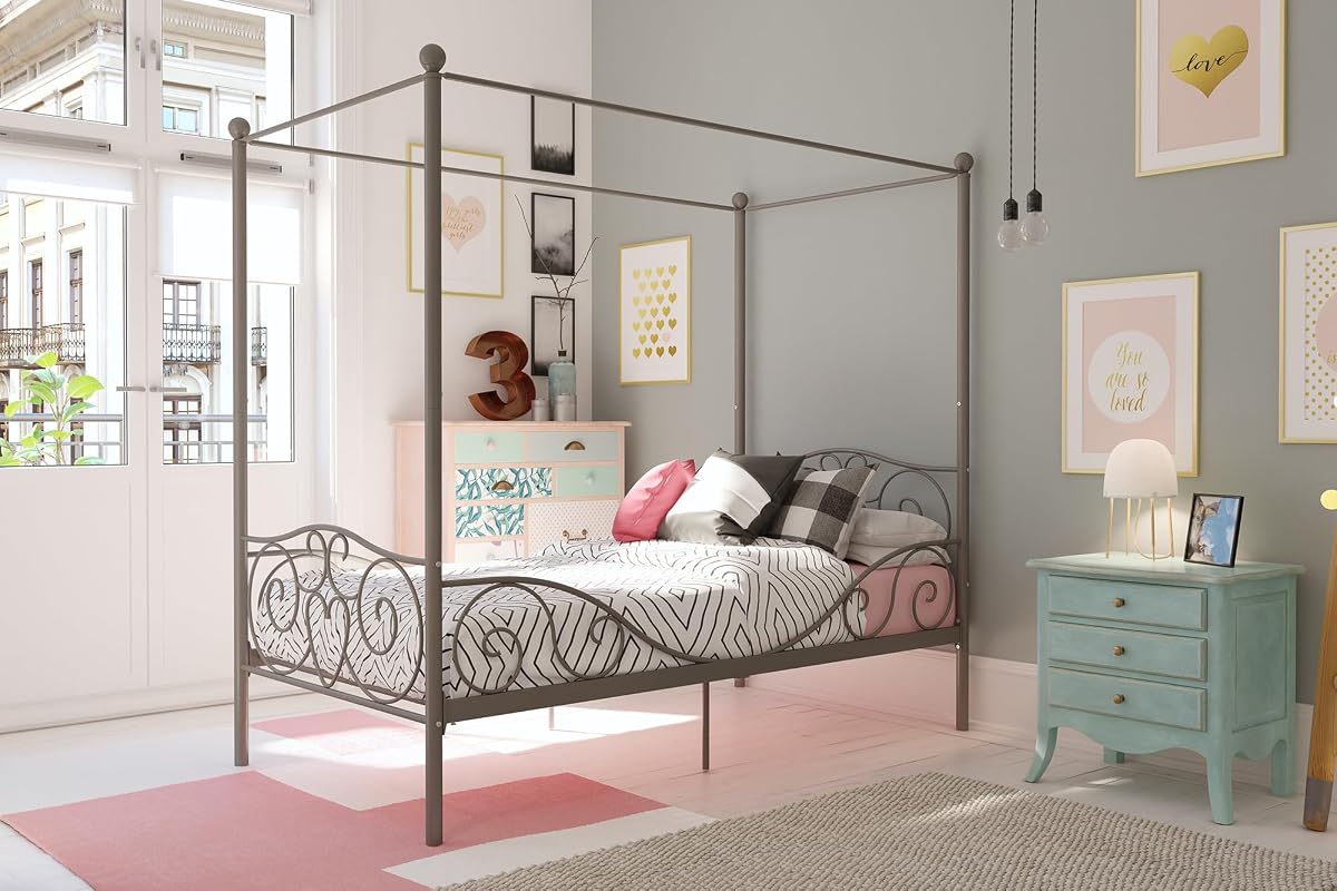 Metal Canopy Kids Platform Bed with Four Poster Design