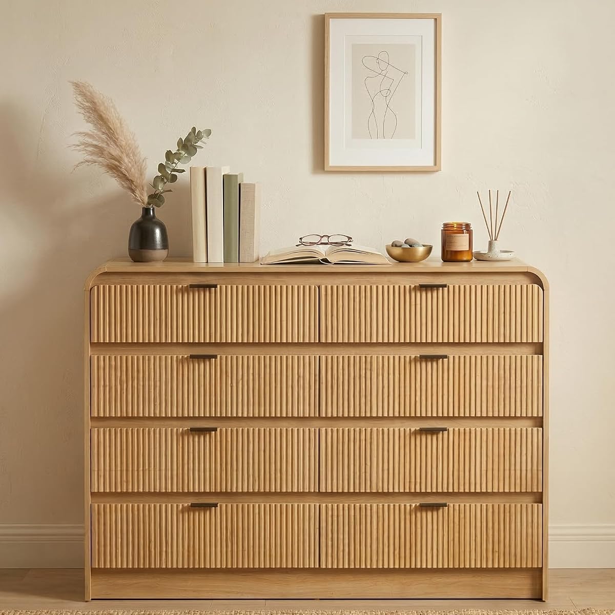 Fluted Wood Dresser with Metal Handles and Curved Profile, Natural Oak