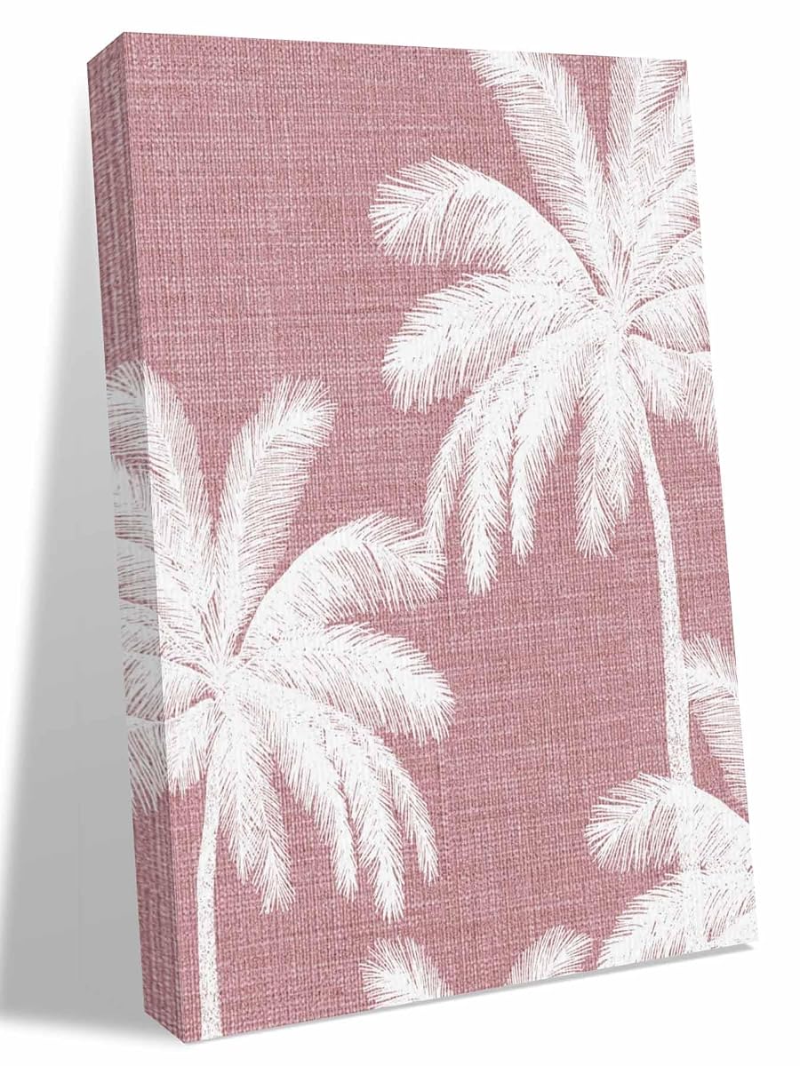 NuYeBiofx Summer Tropical Palm Trees Canvas Wall Art Prints,40"x28" Framed Picture Artwork Pink Retro Linen Background Printed Canvas Oil Painting for Living Room Bedroom Office,Ready to Hang