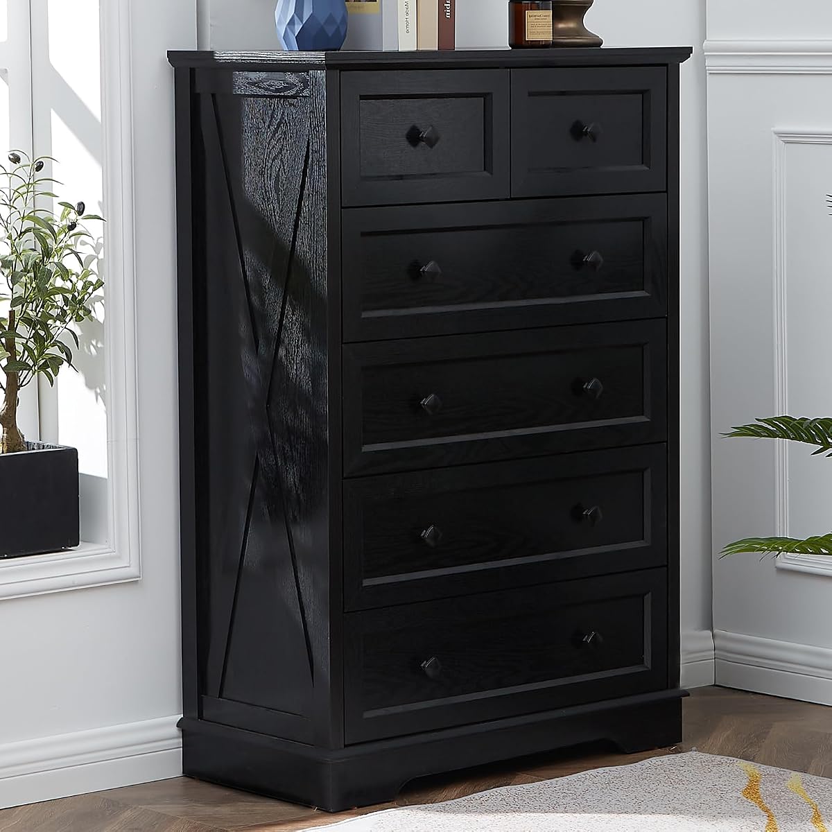 Farmhouse 6 Drawers Dresser, Black 48" Tall Chest of Drawers for Bedroom
