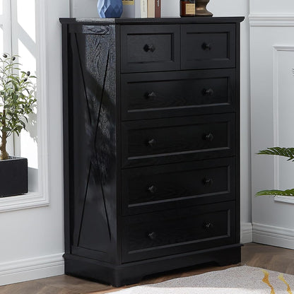Farmhouse 6 Drawers Dresser, Black 48" Tall Chest of Drawers for Bedroom