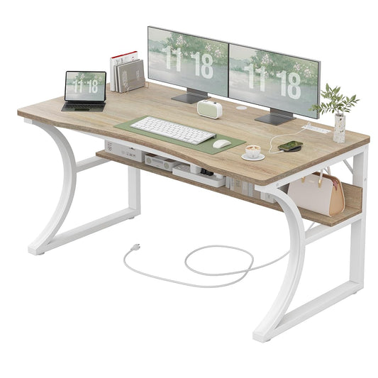 47 Inch Desk with Storage Shelf, One-Piece Curved Desktop, Maple
