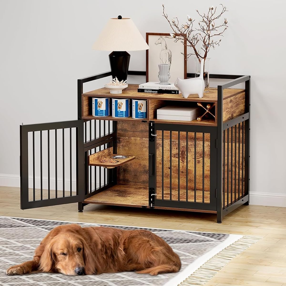 48 in Wooden Dog Crate Furniture with 2 Drawers Storage