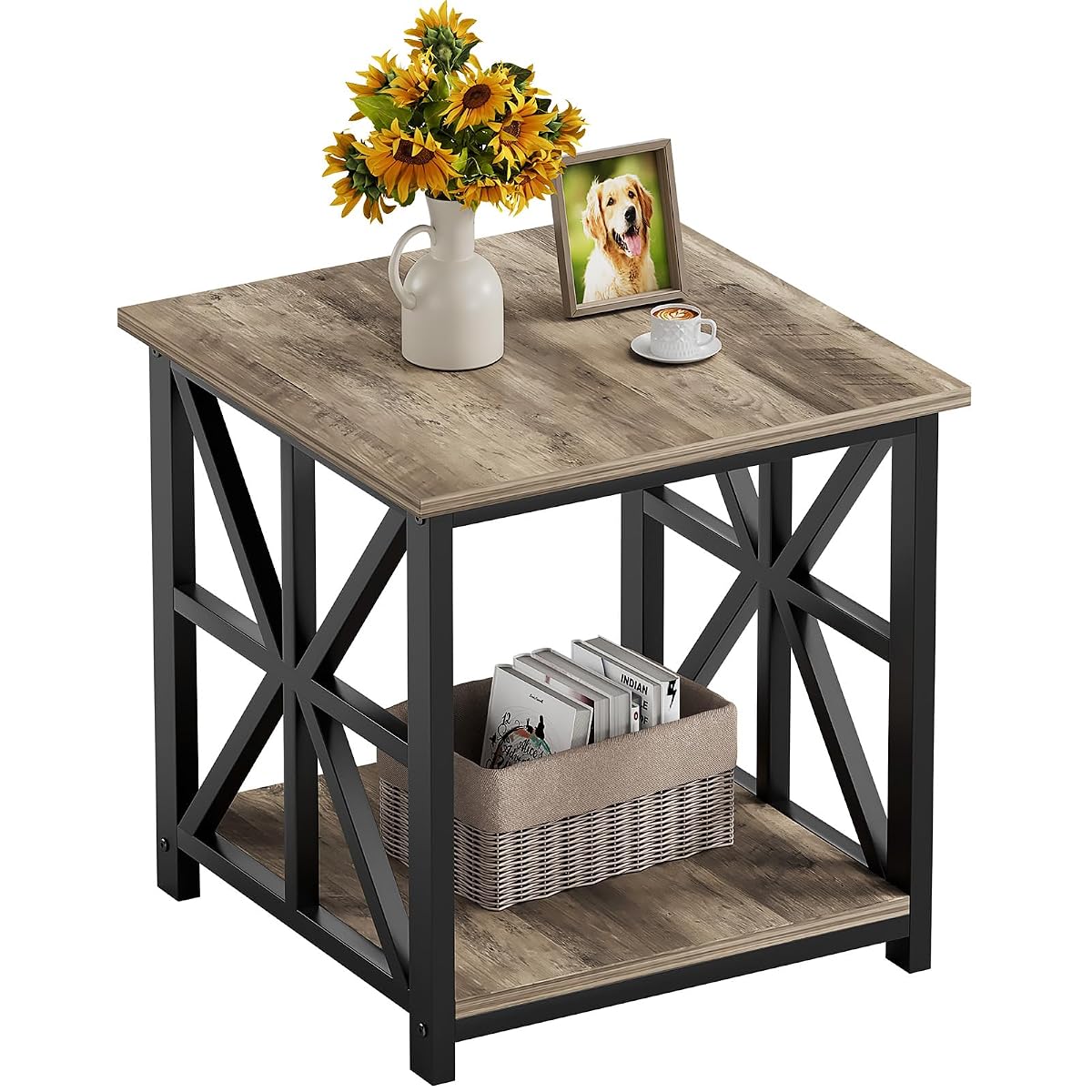 Large End Table with X-Shaped Metal Frame for Living Room | Modern Side Table for Bedroom Office,2-Tier Storage Shelf Nightstand,Scratch-resistant Sofa Table,Grey Wash 24 inch