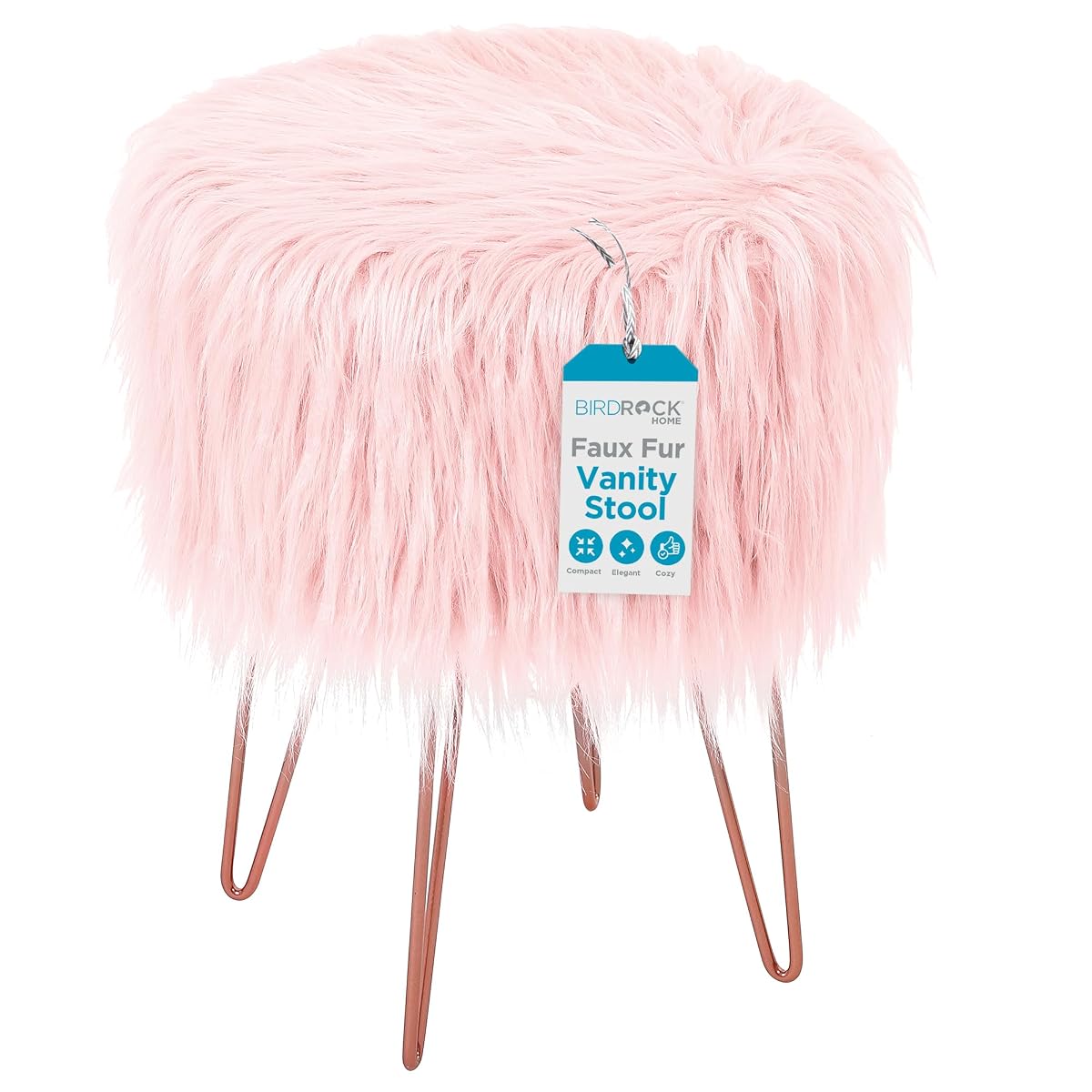 Pink Faux Fur Vanity Stool Chair - Soft Furry Compact Padded Seat - Vanity, Living Room, Bedroom and Kids Room Chairs - Hair Pin Metal Legs Upholstered Decorative Furniture Foot Rest