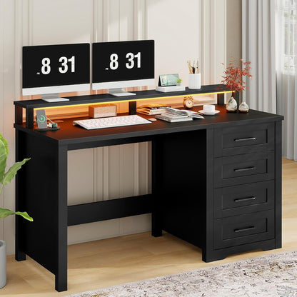 47" Farmhouse Executive Desk with 4 Drawers,LED Lights, Pure Black