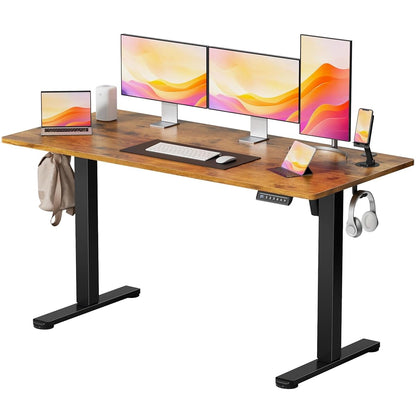 Height Adjustable Electric Standing Desk, 55 x 24 Inches Memory Home Office Sit Stand up Desk with Phone Holder and USB Charging Port, Rustic Brown