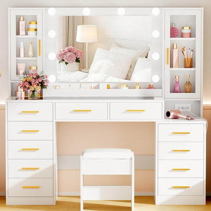 53.15" Large Glass Top Vanity Desk with Mirror and Lights, White