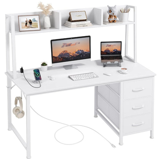 DLisiting White Computer Desk with Hutch & Drawers