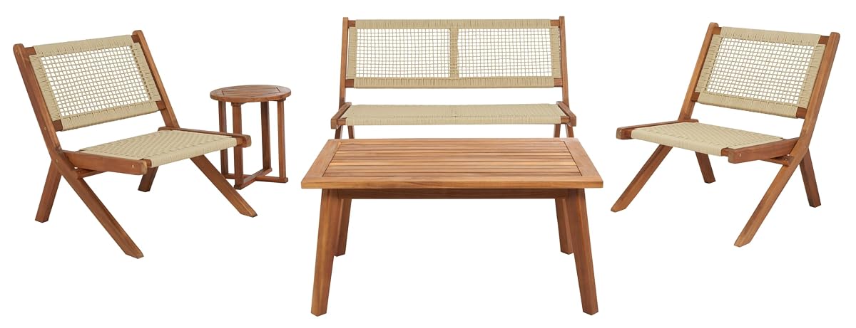 Natural Wood Sofa Set with Rope Accent