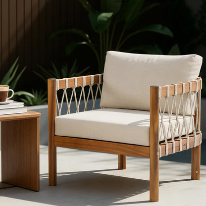 Coastal Haven Acacia Wood Lounge Chair Outdoor with Removable Cushion, Wooden Patio Accent Chair with Woven Rope Details, Outdoor Armchair for Patio Furniture Set, Teak+Beige