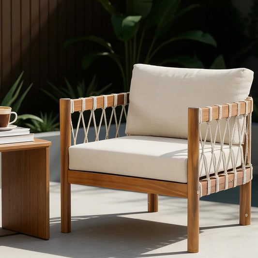 Coastal Haven Acacia Wood Lounge Chair Outdoor with Removable Cushion, Wooden Patio Accent Chair with Woven Rope Details, Outdoor Armchair for Patio Furniture Set, Teak+Beige