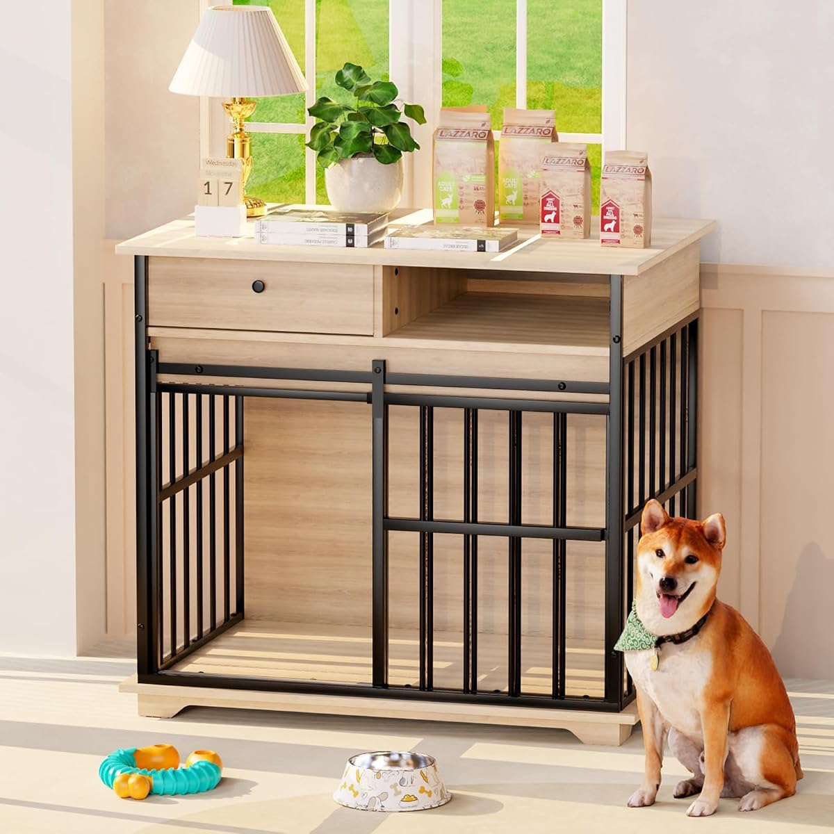 35.5" Dog Crate Furniture, Dog Kennel Indoor with Wheels for Medium Small Dogs