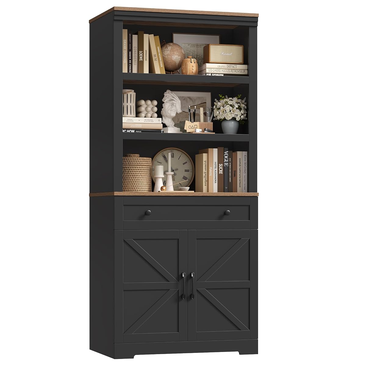 72"H Bookshelf with Storage, Tall Bookcase with Deep Cabinet, Black