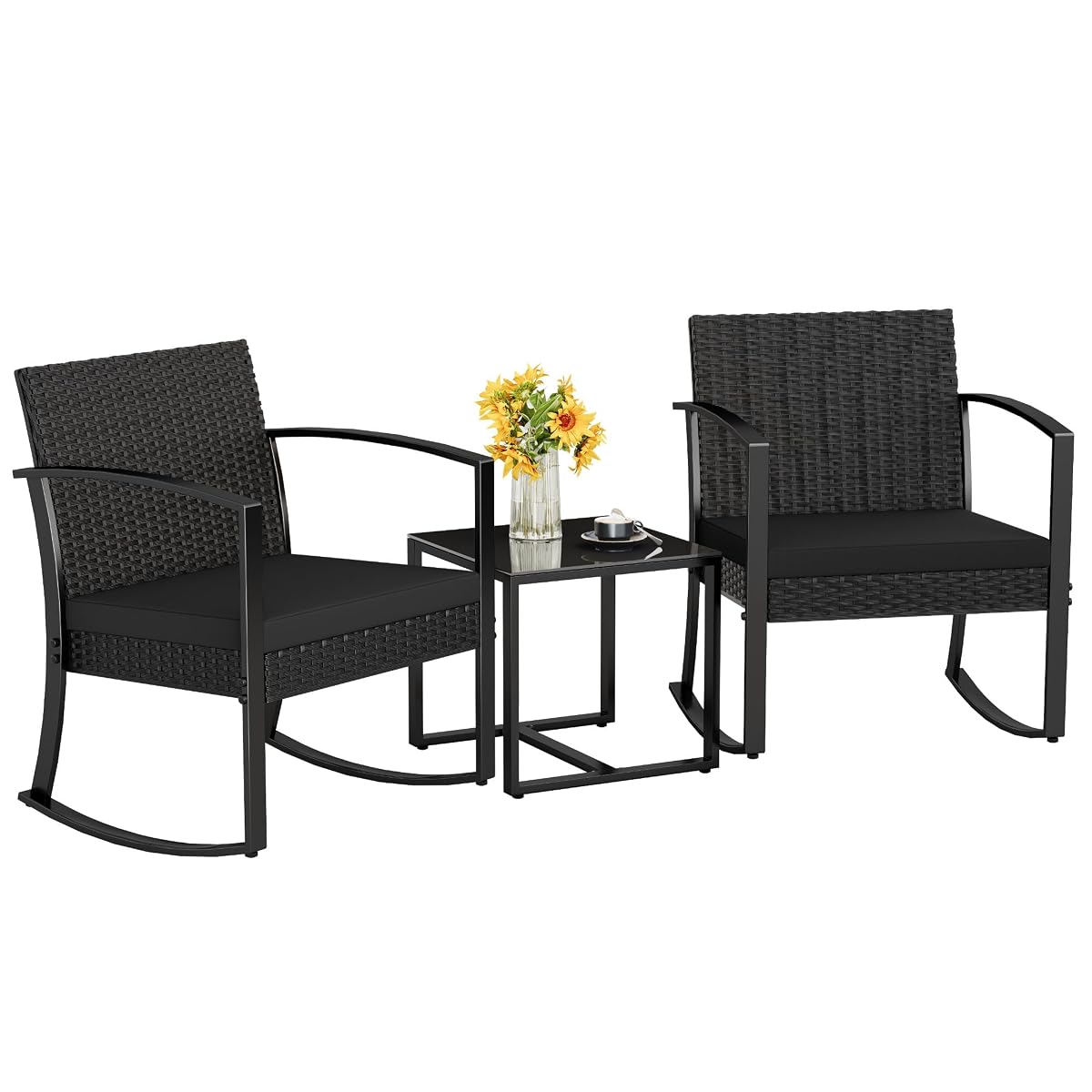 Patio Furniture Set 3 Piece Resin Outdoor Bistro Set Rocking Patio Chairs with Cushions and Table for Porch, Poolside, Balcony and Yard (Black)