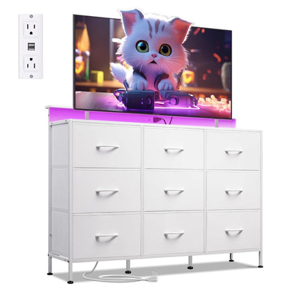 White Dresser TV Stand 9 Drawers, Fabric Chest of Drawers LED Lights