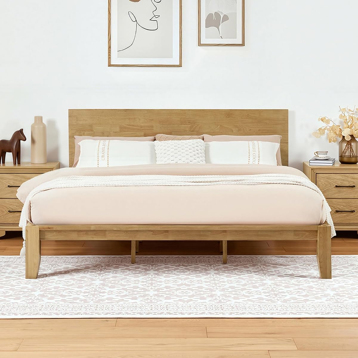 Solid Rubberwood Bed Frame with Hidden Storage and USB Ports