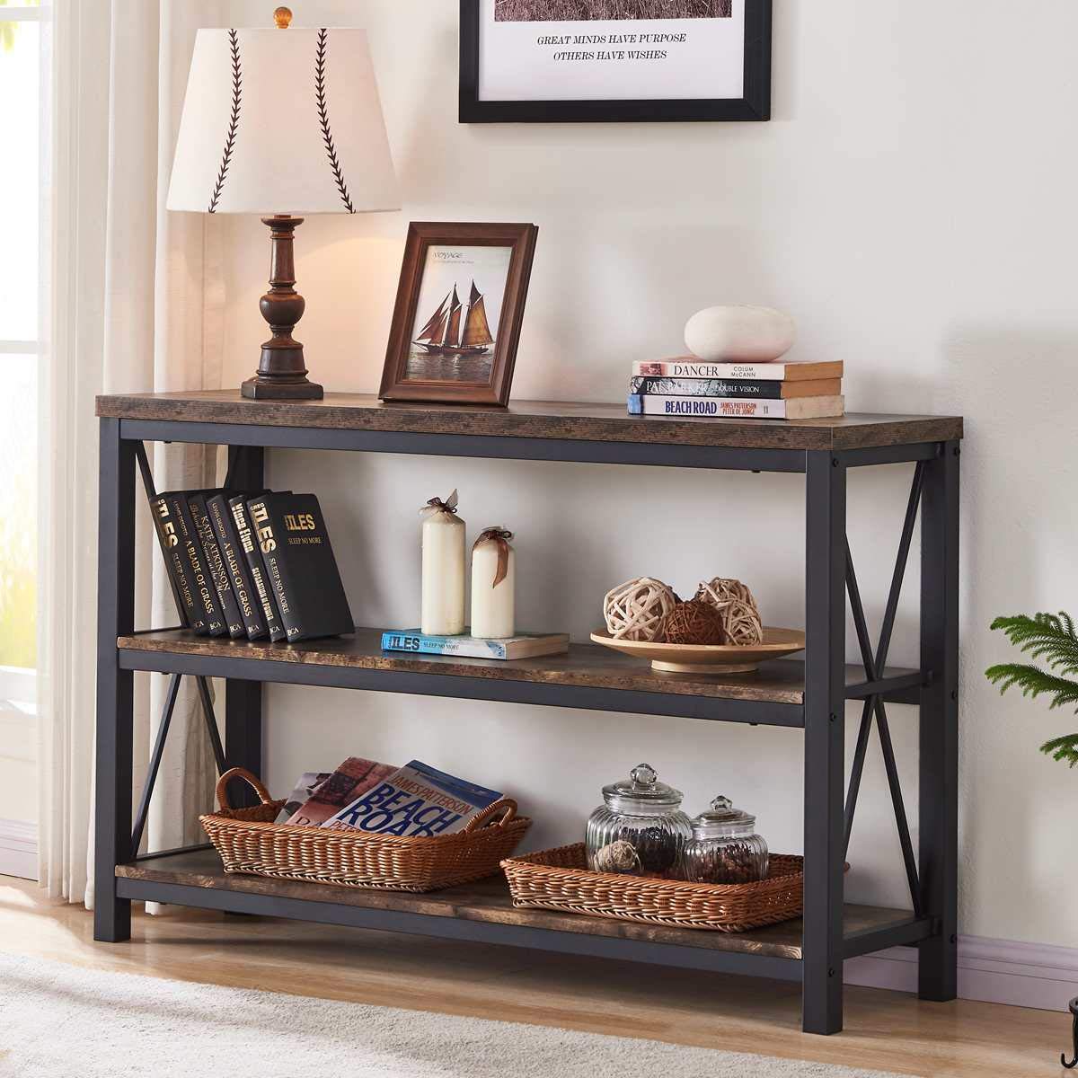 Industrial Sofa Console Table for Entryway, 3 Tier Foyer Table for Hallway, Rustic Hall Tables Behind Couch (47 Inch, Rustic Brown)