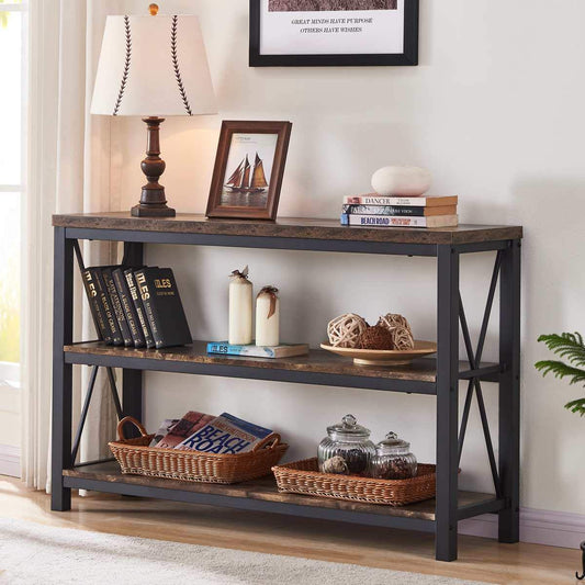 Industrial Sofa Console Table for Entryway, 3 Tier Foyer Table for Hallway, Rustic Hall Tables Behind Couch (47 Inch, Rustic Brown)