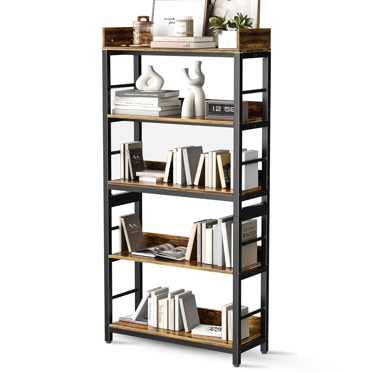 Bookshelf, 66" H 5-Tiers Heavy Duty Industrial Shelving Wood & Metal Bookcase, Rustic and Black Tall Shelf Units for Home, Office, Living Room