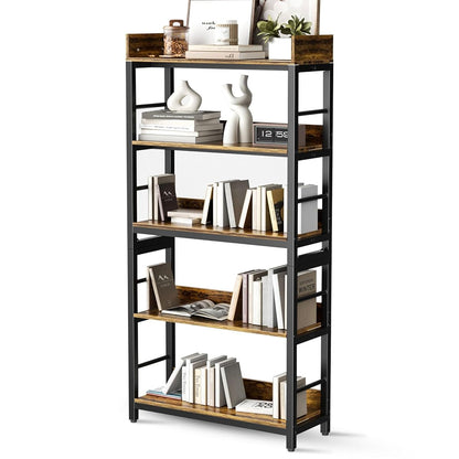 Bookshelf, 66" H 5-Tiers Heavy Duty Industrial Shelving Wood & Metal Bookcase, Rustic and Black Tall Shelf Units for Home, Office, Living Room