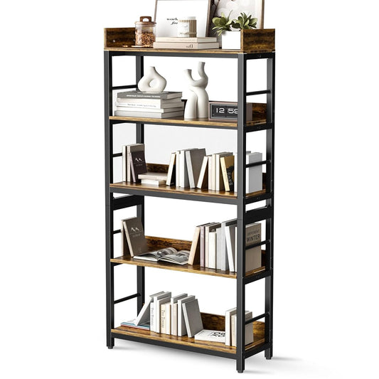 Bookshelf, 66" H 5-Tiers Heavy Duty Industrial Shelving Wood & Metal Bookcase, Rustic and Black Tall Shelf Units for Home, Office, Living Room