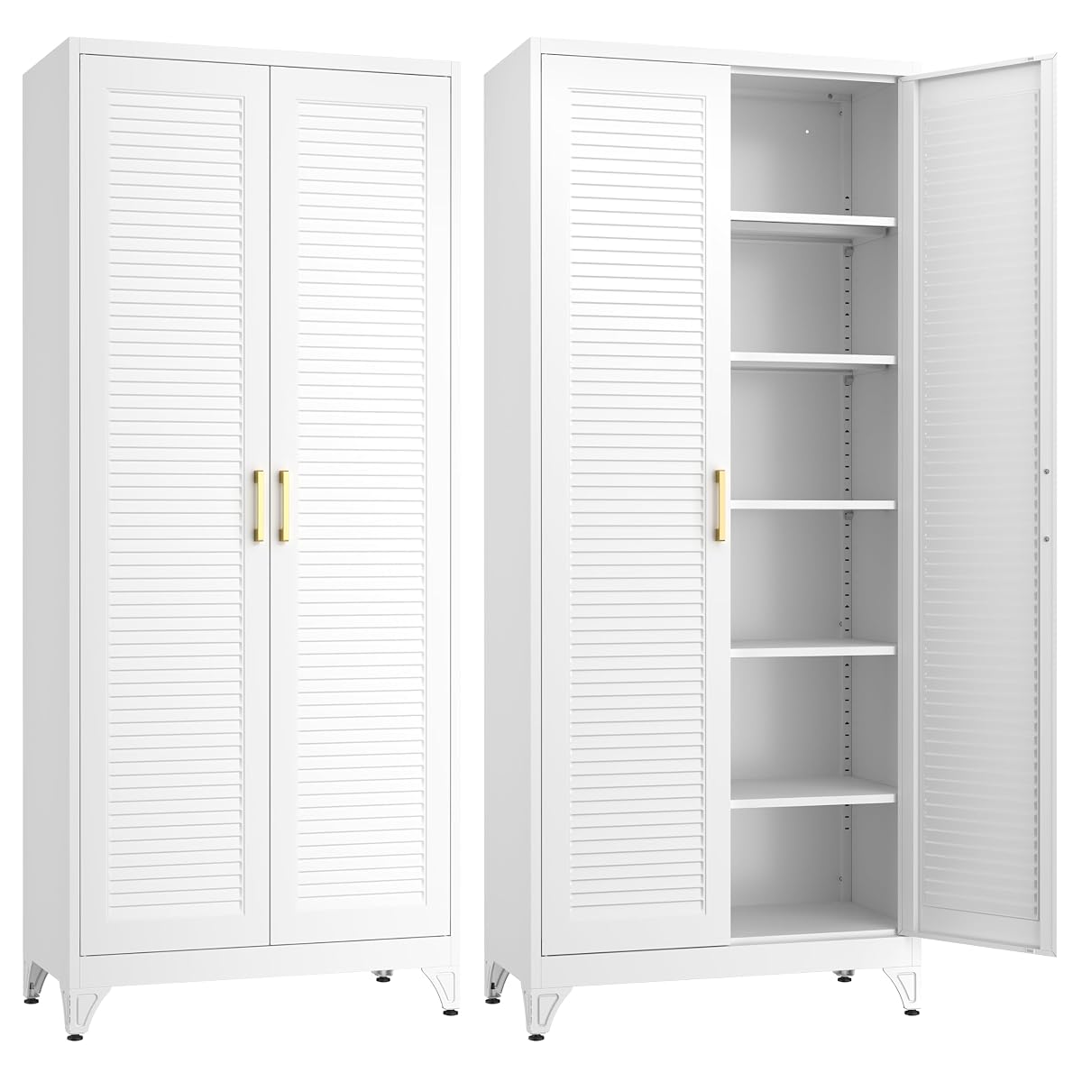 Kitchen Pantry Cabinet,75" Metal Storage Cabinet with Doors and 5 Adjustable Shelves,White Tall Locker Organizer Steel Garage Cabinets for Tool,File Cabinet for Office,Kitchen,Garage,School