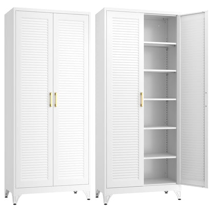 Kitchen Pantry Cabinet,75" Metal Storage Cabinet with Doors and 5 Adjustable Shelves,White Tall Locker Organizer Steel Garage Cabinets for Tool,File Cabinet for Office,Kitchen,Garage,School