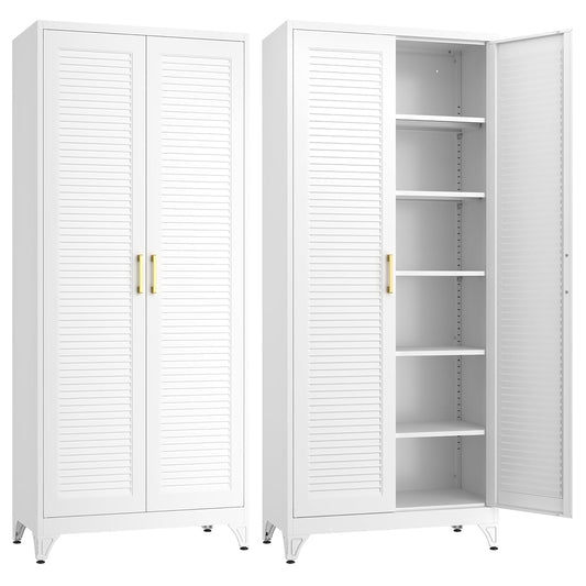 Kitchen Pantry Cabinet,75" Metal Storage Cabinet with Doors and 5 Adjustable Shelves,White Tall Locker Organizer Steel Garage Cabinets for Tool,File Cabinet for Office,Kitchen,Garage,School