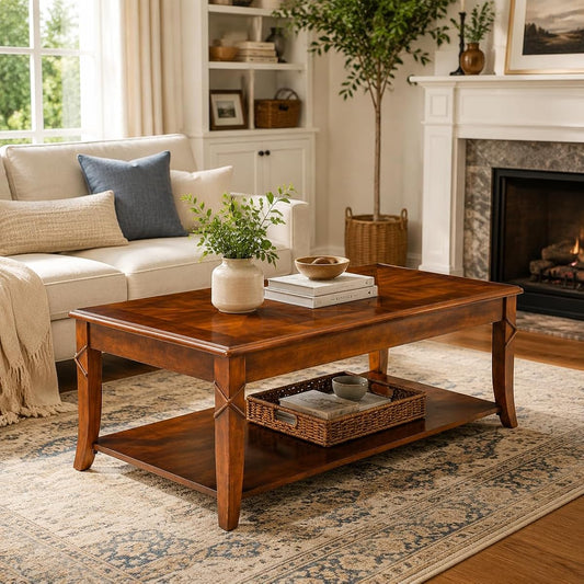 Solid Wood Coffee Table with Storage Shelf, Mid Century Modern Rectangle Coffee Table for Living Room, Large Countertop Center Table, Cherry Walnut KFZ-DR200