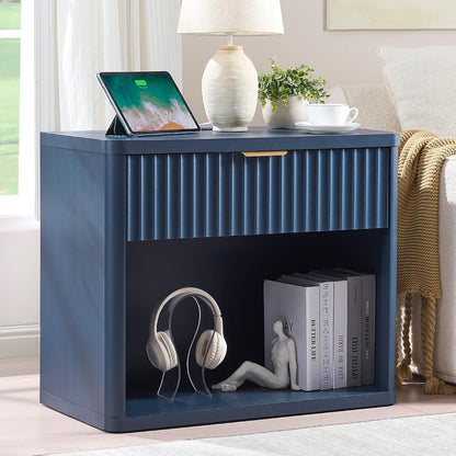 31" Wide Fluted Nightstand with Charging Station, Oversized Extra Large 1 Drawer Night Stand with Golden Handle, Blue Wood Bedside Table Tall End Tables,for Bedroom, Living Room, Hallway