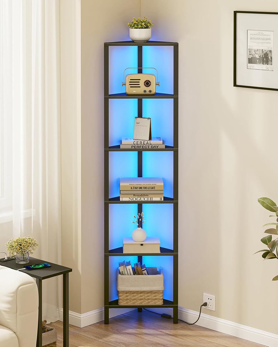 Corner Shelf with LED Light, 6-Tier Corner Bookshelf for Small Space, Narrow Display Corner Shelf Stand with Storage Rack, for Living Room, Bedroom, Black BS05BK006L