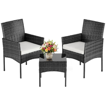3-Piece Patio Furniture Set, All-Weather Outdoor Wicker Chairs with Removable Cushions & Tempered Glass Table, Small Bistro Set for Porch, Balcony, Lawn, Backyard, Black