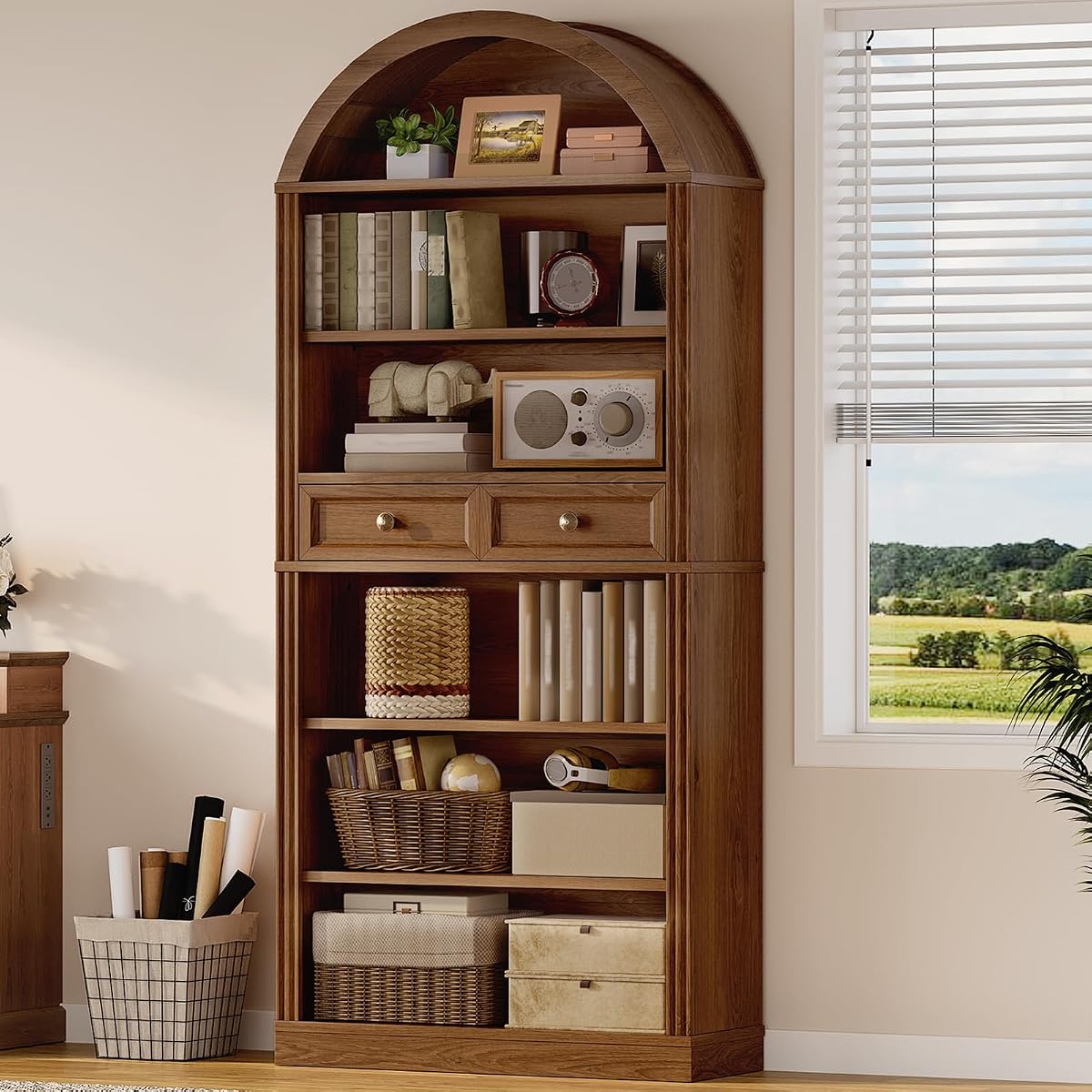 Arched Bookshelf, 73" Tall Arch Bookcase with Drawers, Farmhouse