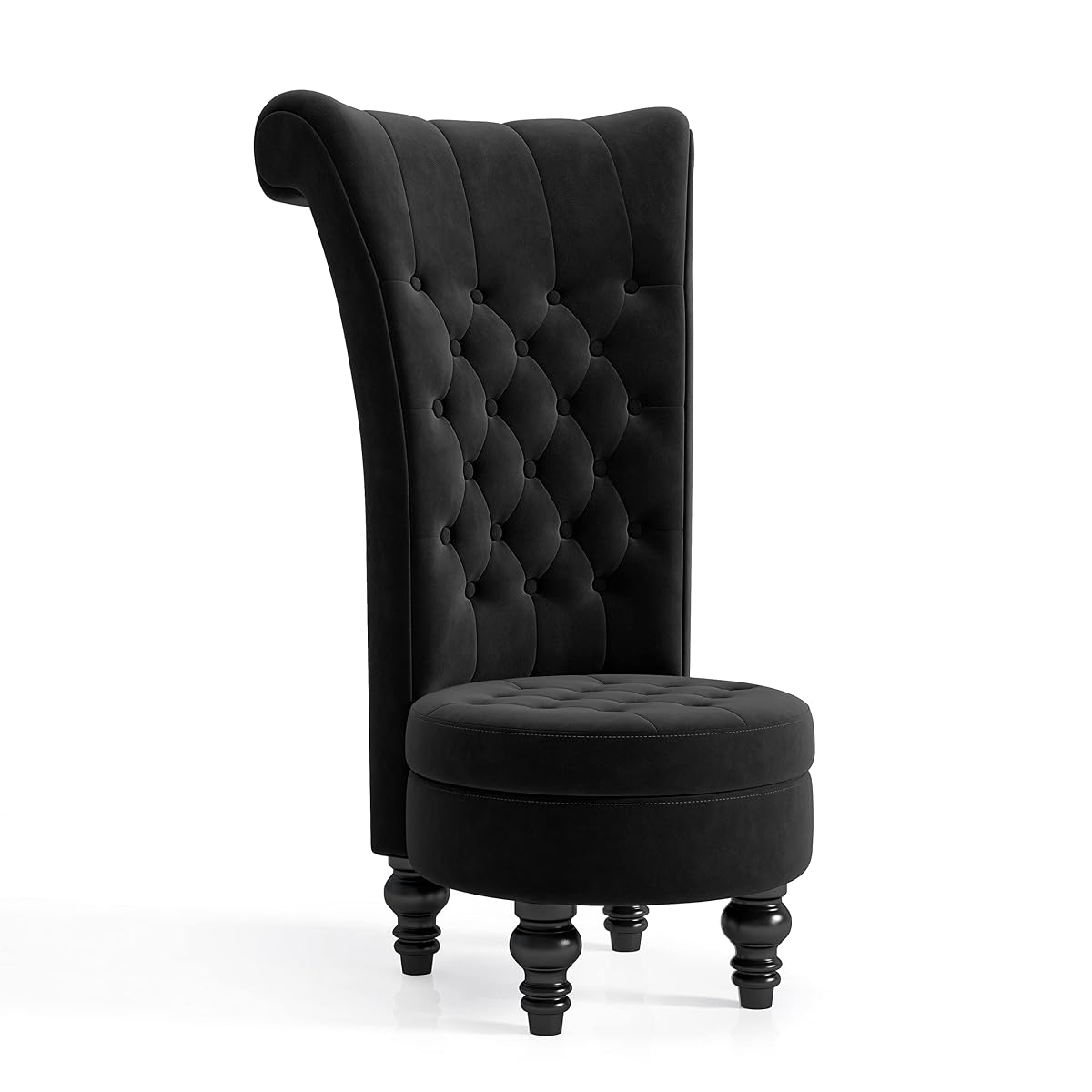 High Back Throne Royal Chair, Retro Armless Chair with Storage, Velvet Furniture Chair, Upholstered Tufted Accent Seat for Living Room, Bedroom, Black