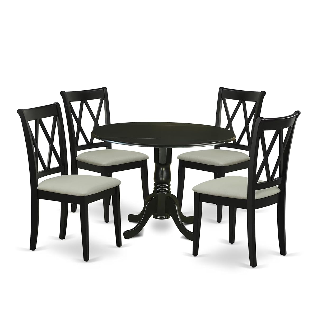 DLCL5-BLK-C 5 Piece Dining Room Table Set Includes a Round Dining Table with Dropleaf and 4 Linen Fabric Upholstered Chairs, 42x42 Inch, Black