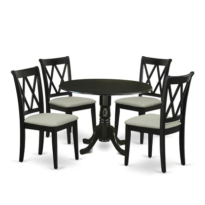 DLCL5-BLK-C 5 Piece Dining Room Table Set Includes a Round Dining Table with Dropleaf and 4 Linen Fabric Upholstered Chairs, 42x42 Inch, Black