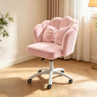 Petal Desk Chair with Bow Cushion Velvet Vanity Chair with Wheels, Upholstered Home Office Chair for Girls Women, Mid-Back Swivel Computer Task Chairs for Living Room Bedroom, Light Pink