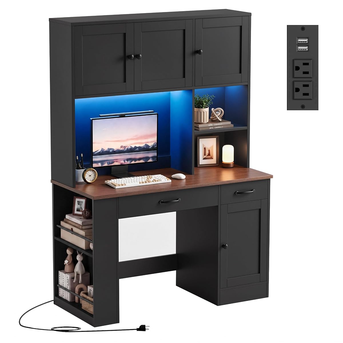71" Tall Computer Desk with Hutch, LED & Charging Station, Black