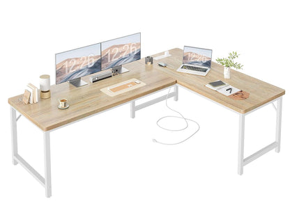 63 Inch L Shaped Computer Desk with Power Outlets, 1" Thick Desktop