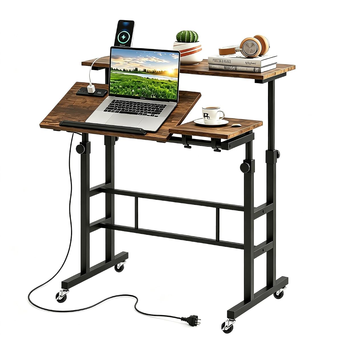 Height Adjustable Mobile Standing Desk with Built-in Power Outlets