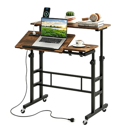 Height Adjustable Mobile Standing Desk with Built-in Power Outlets