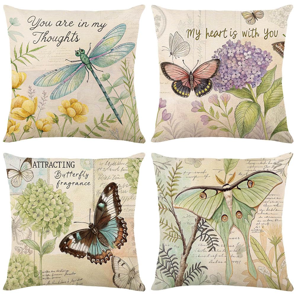 Throw Pillow Covers 16x16 Set of 4 Spring Summer Pillow Covers Linen Flower Butterfly Farmhouse Pillowcases for Sofa Couch Living Room Outdoor