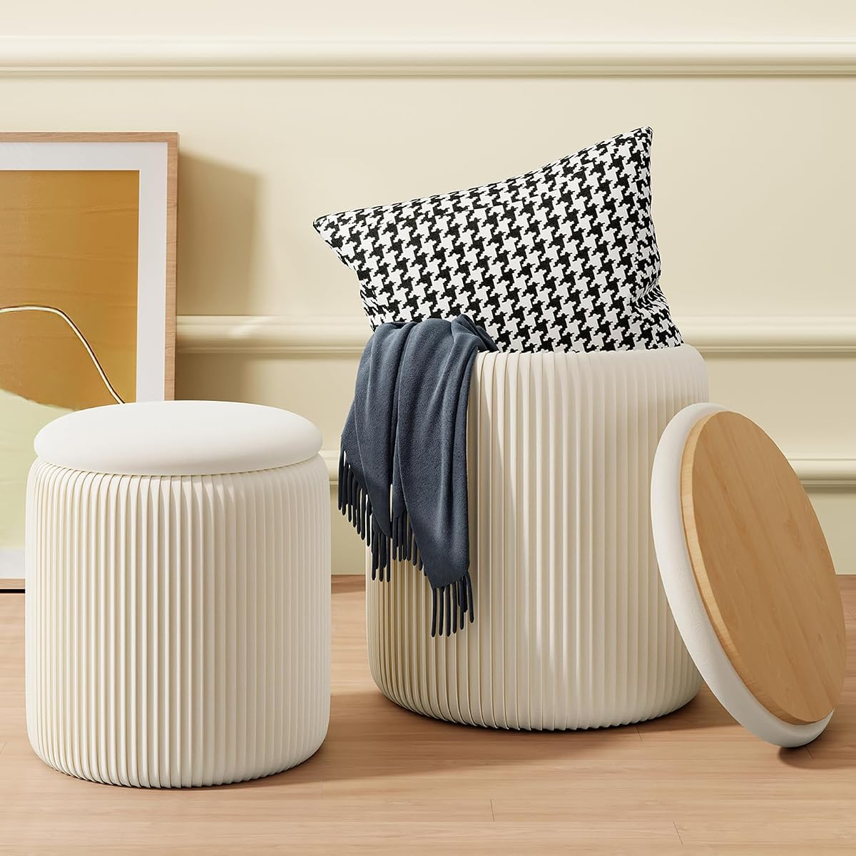 Round Ottoman with Storage Set of 2, White Vanity Stool, Upholstered Velvet Storage Ottomans, Makeup Chair Seat for Bedroom, Small Pouf Footstool for Living Room